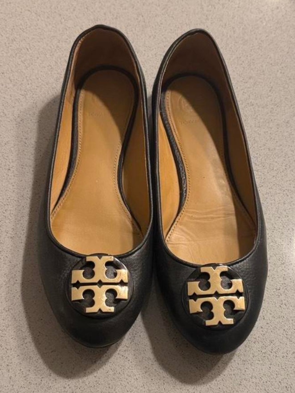 Tory Burch Black Leather Flats with Gold Logo Medallions Size 7